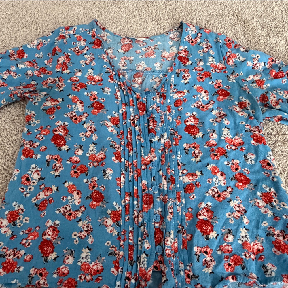 Lucky Brand Blue Boho Floral Short sleeve Top Women’s Size Medium